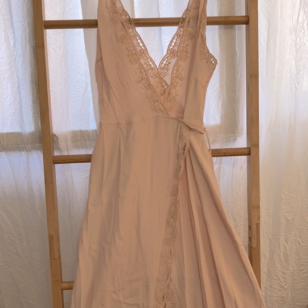 Blush long wrap dress with embroidered lace detail